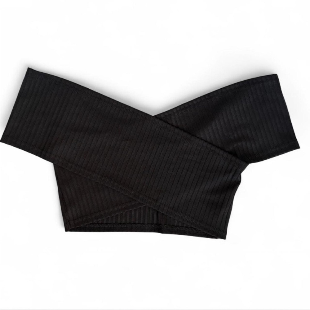 Ribbed Black Off-Shoulder Wrap Crop Top